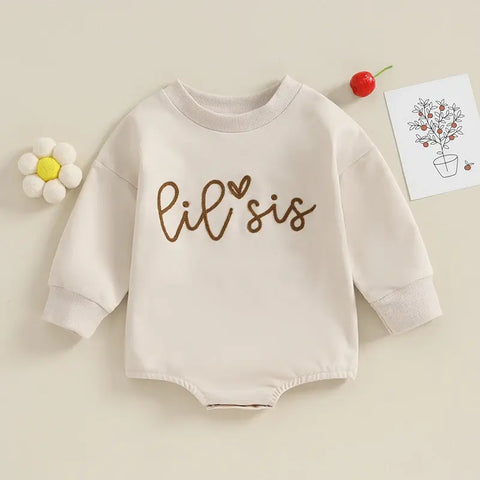 Matching rompers and sweater outfits for sisters with Sister Logo and long sleeves