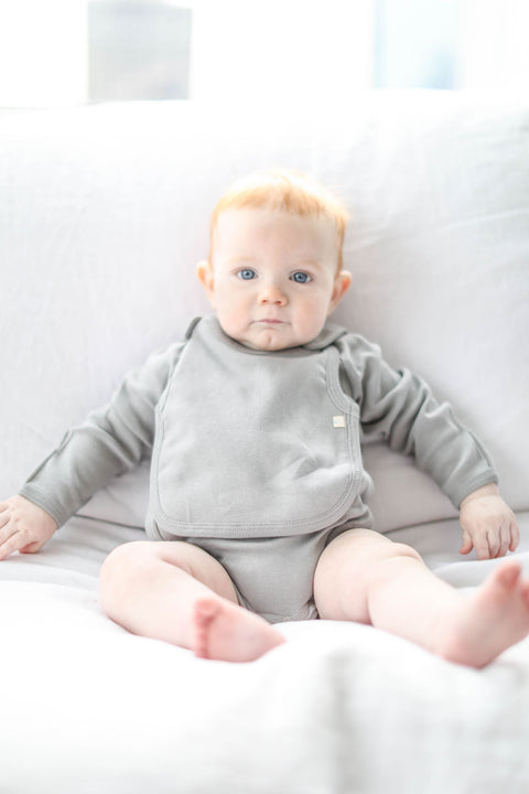 Elegant Long Sleeve Kimono Baby Bodysuit + Bib - Grey