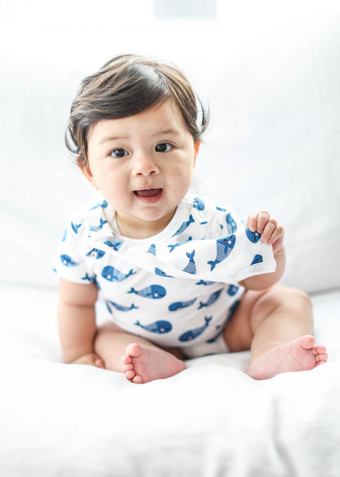 Elegant Short Sleeve Bodysuit + Bib - Blue Whale