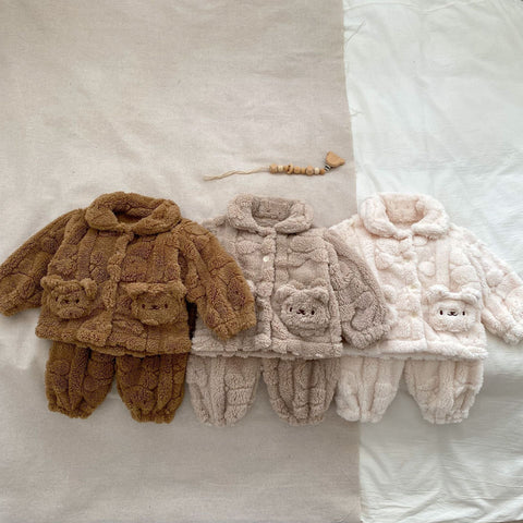 Baby Little Bear Plush Cardigan Combo with Long Pants Winter