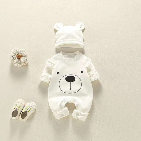 Baby Einfarbig Langarm Strampler mit Bären Design und Mütze