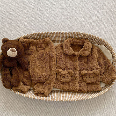 Baby Little Bear Plush Cardigan Combo with Long Pants Winter