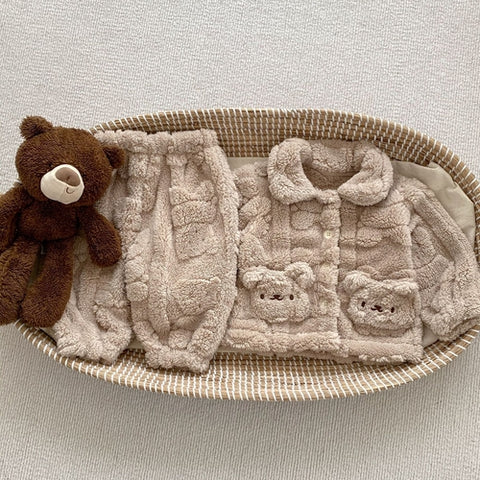 Baby Little Bear Plush Cardigan Combo with Long Pants Winter