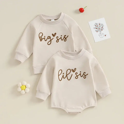 Matching rompers and sweater outfits for sisters with Sister Logo and long sleeves